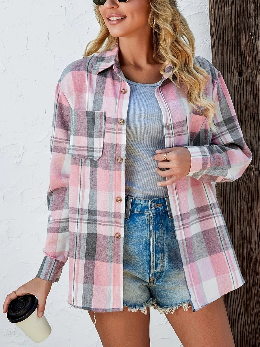 Dames Oversized Geruit Flanel Lange Mouw Cardigan Blouse