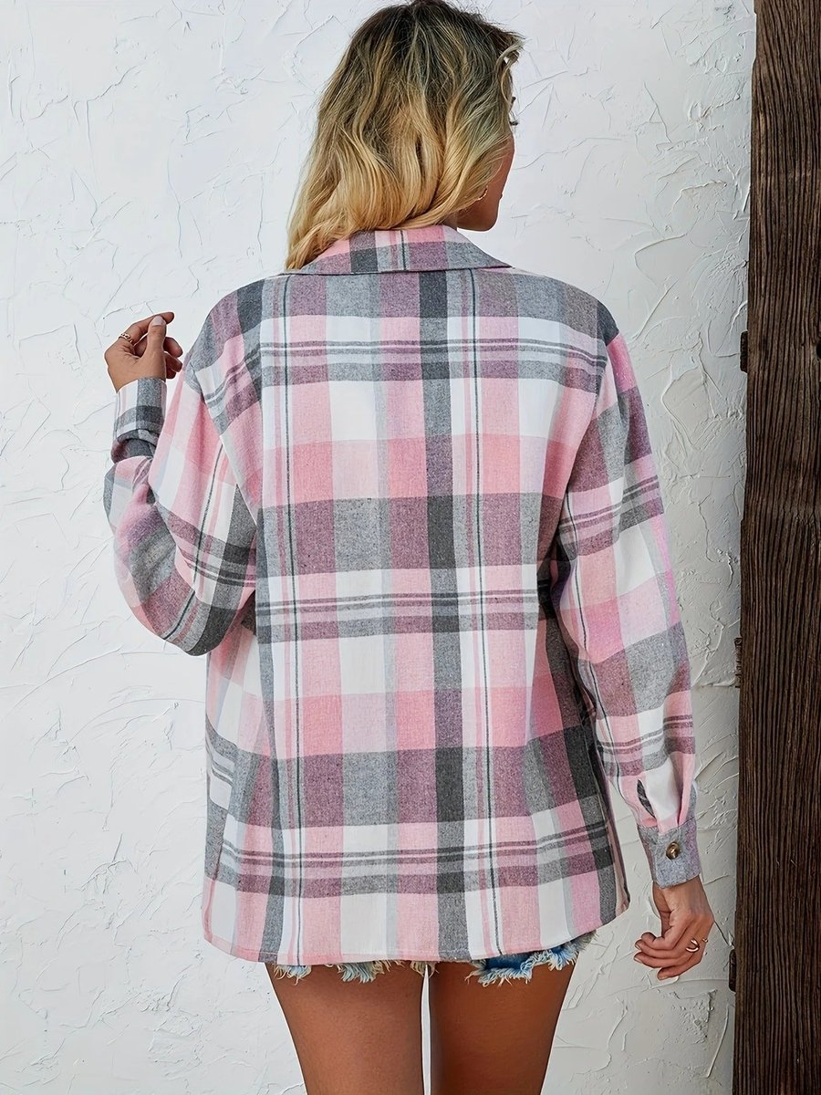 Dames Oversized Geruit Flanel Lange Mouw Cardigan Blouse
