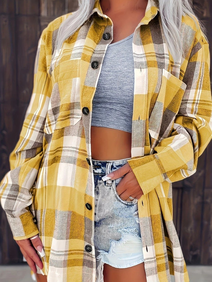 Dames Oversized Geruit Flanel Lange Mouw Cardigan Blouse - Yellow