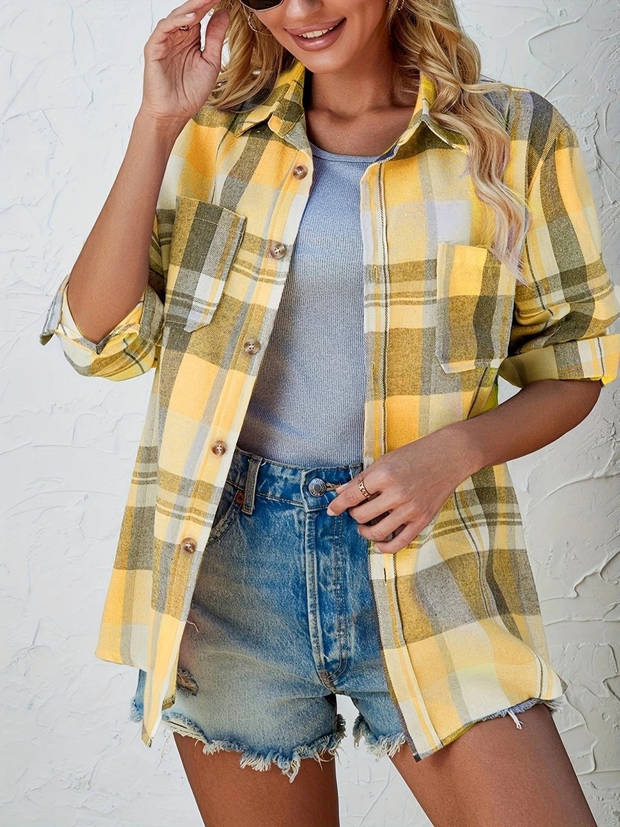 Dames Oversized Geruit Flanel Lange Mouw Cardigan Blouse