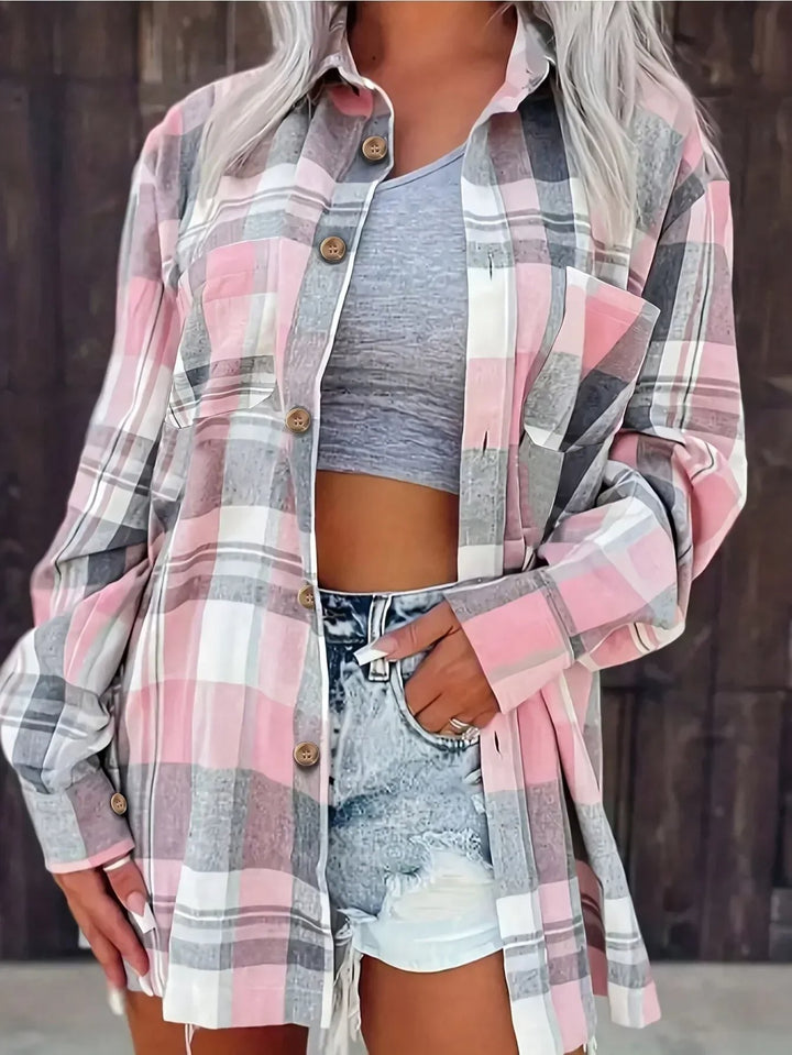 Dames Oversized Geruit Flanellen Overhemd met Lange Mouwen - Pink