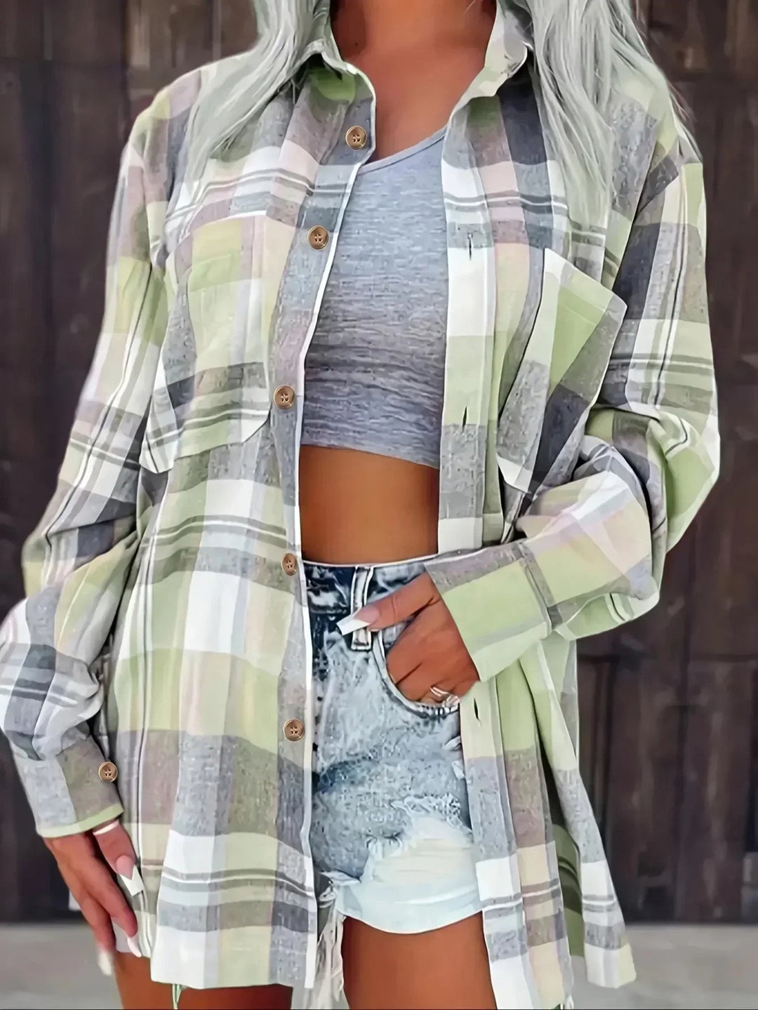 Dames Oversized Geruit Flanellen Overhemd met Lange Mouwen - Green