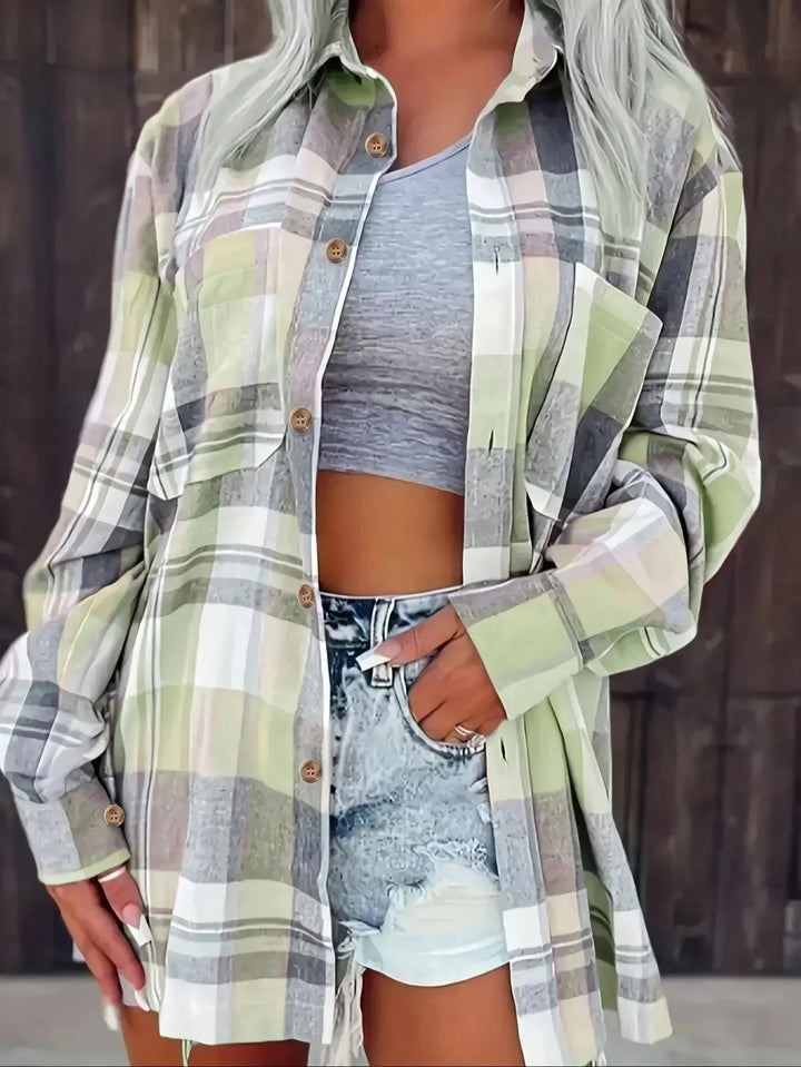 Dames Oversized Geruit Flanellen Overhemd met Lange Mouwen - Green