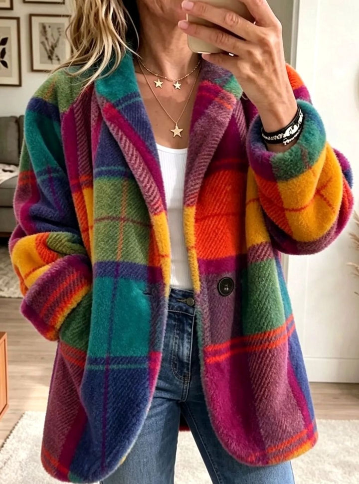 Dames Oversized Geruite Fleece Mantel met Knopen en Zakken - Regenboog