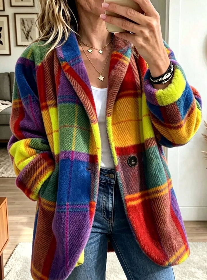 Dames Oversized Geruite Fleece Mantel met Knopen en Zakken - Zon