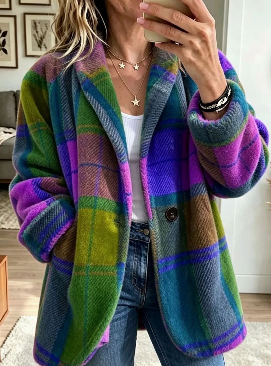 Dames Oversized Geruite Fleece Mantel met Knopen en Zakken - Neptunus