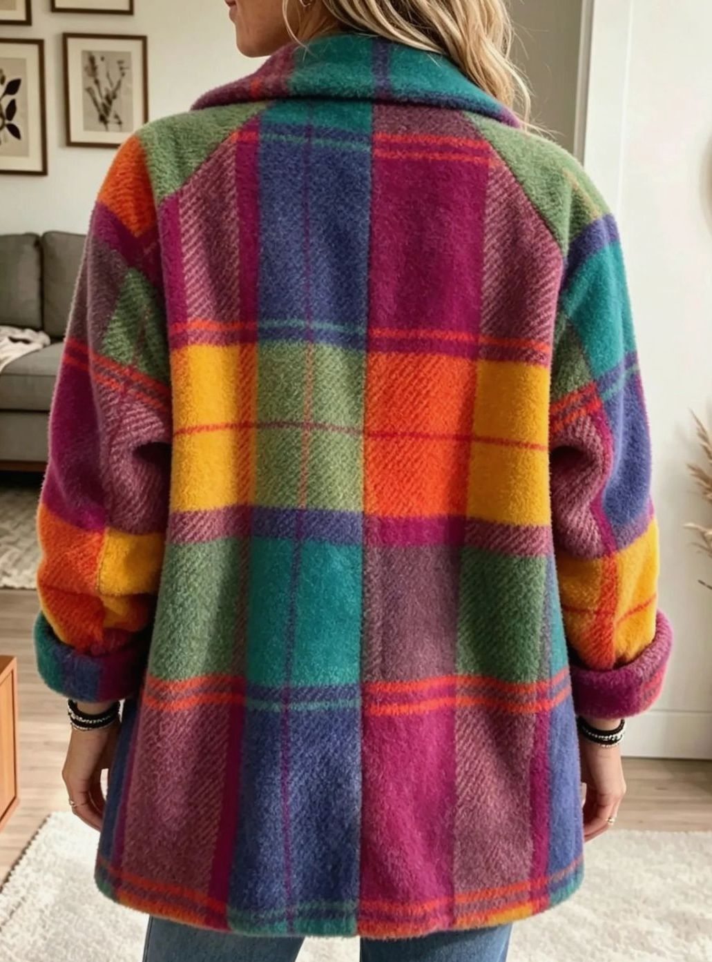 Dames Oversized Geruite Fleece Mantel met Knopen en Zakken