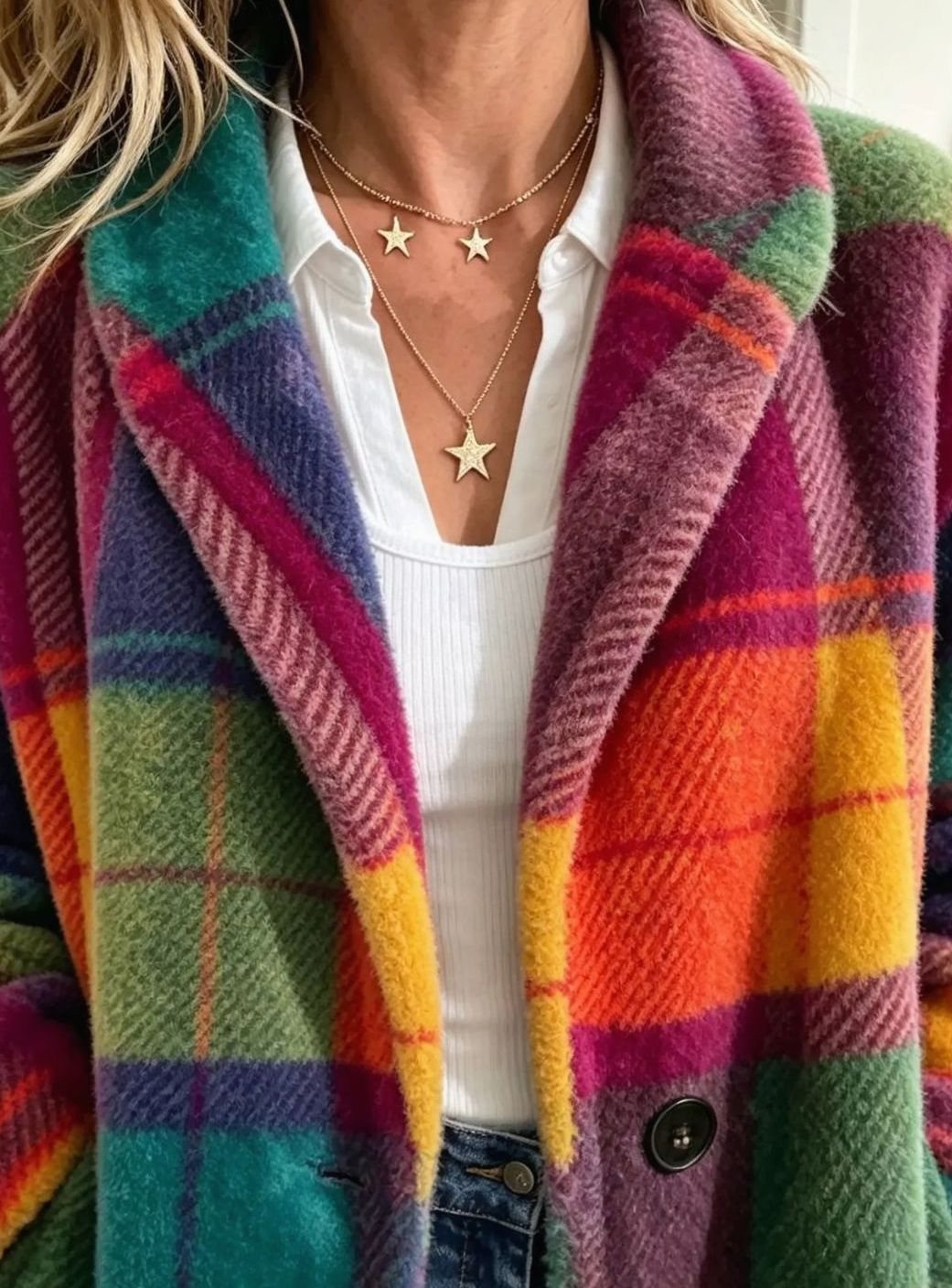 Dames Oversized Geruite Fleece Mantel met Knopen en Zakken
