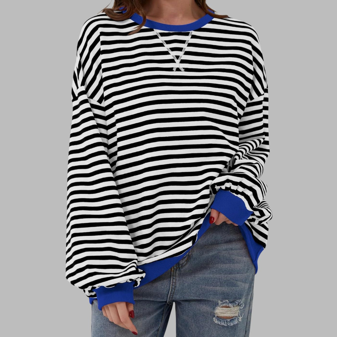 Dames Oversized Gestreept Retro Sweatshirt met Ronde Hals - Zwart