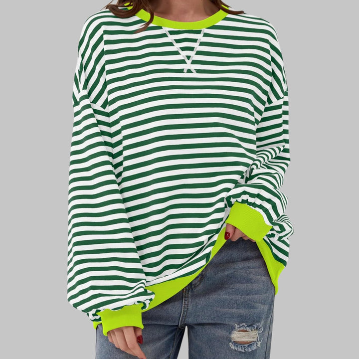 Dames Oversized Gestreept Retro Sweatshirt met Ronde Hals - Donkergroen