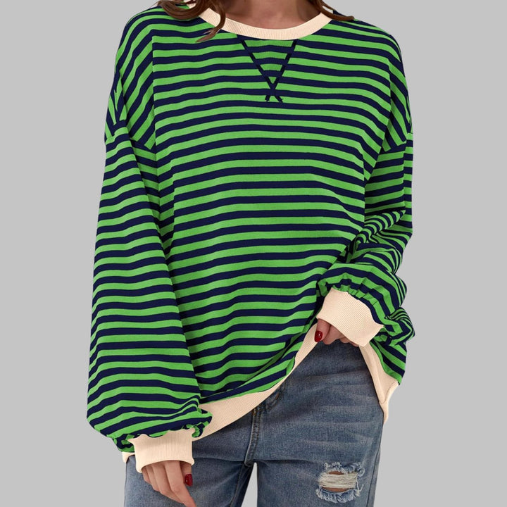 Dames Oversized Gestreept Retro Sweatshirt met Ronde Hals - Groen