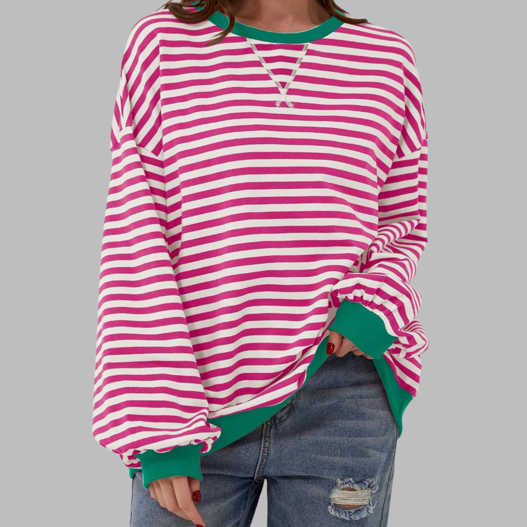 Dames Oversized Gestreept Retro Sweatshirt met Ronde Hals - Fuchsia