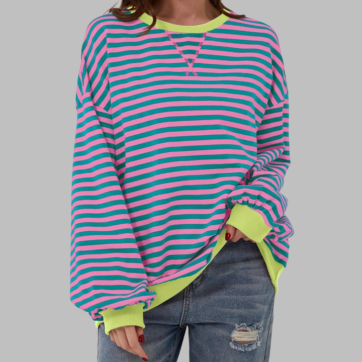 Dames Oversized Gestreept Retro Sweatshirt met Ronde Hals - Roze