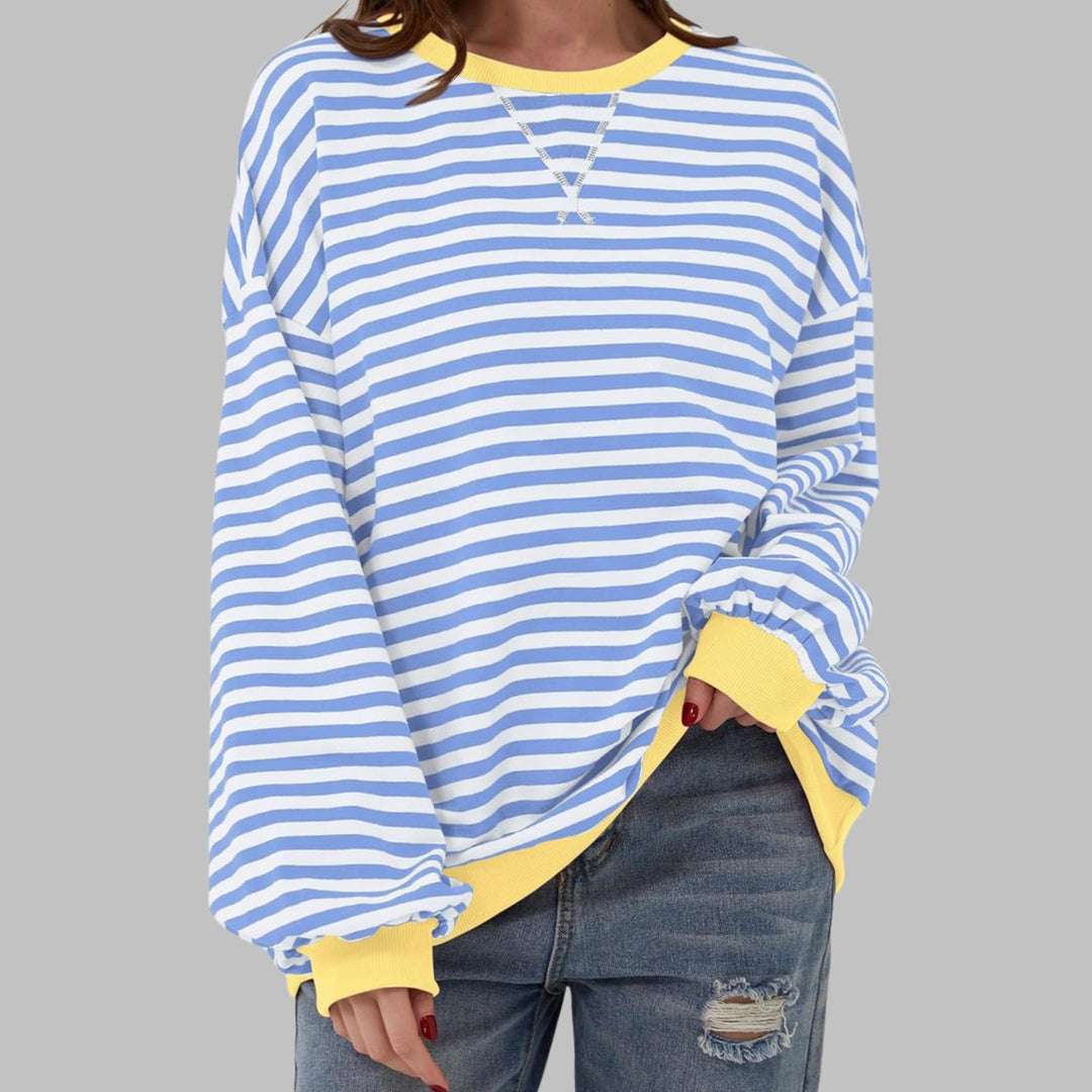 Dames Oversized Gestreept Retro Sweatshirt met Ronde Hals - Hemelsblauw