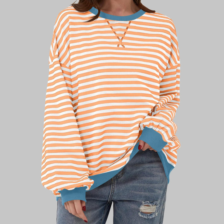 Dames Oversized Gestreept Retro Sweatshirt met Ronde Hals - Oranje