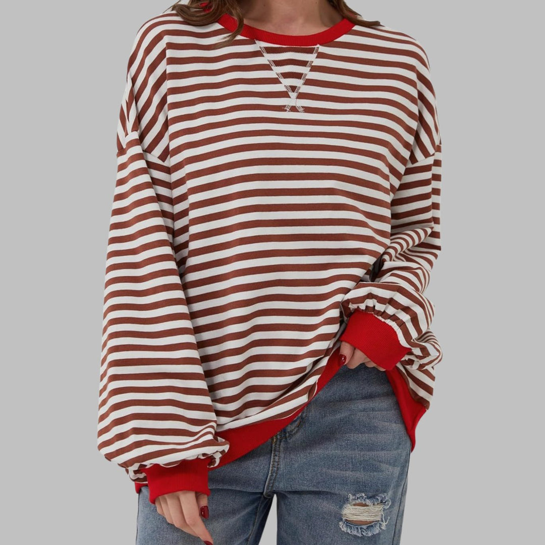 Dames Oversized Gestreept Retro Sweatshirt met Ronde Hals - Rood