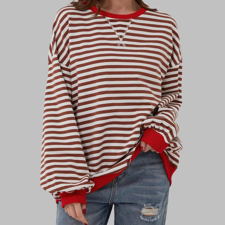 Dames Oversized Gestreept Retro Sweatshirt met Ronde Hals - Rood