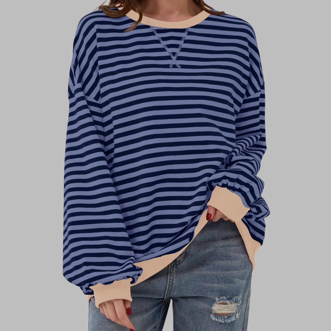 Dames Oversized Gestreept Retro Sweatshirt met Ronde Hals - Blauw