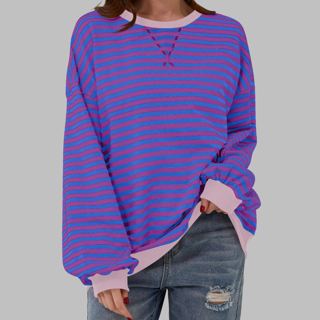 Dames Oversized Gestreept Retro Sweatshirt met Ronde Hals - Paars