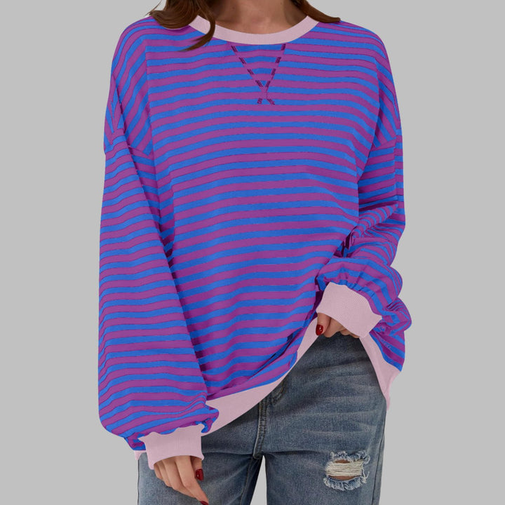 Dames Oversized Gestreept Retro Sweatshirt met Ronde Hals - Paars