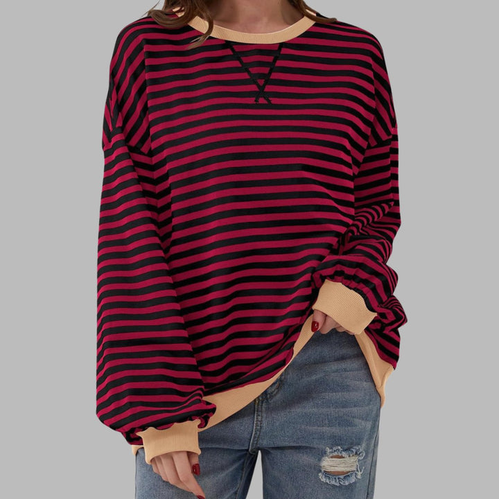 Dames Oversized Gestreept Retro Sweatshirt met Ronde Hals - Bordeaux