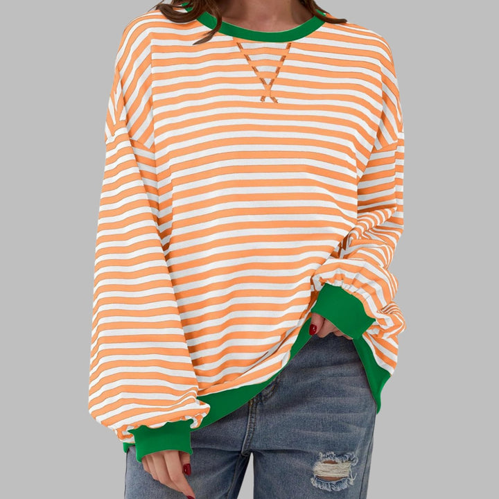 Dames Oversized Gestreept Retro Sweatshirt met Ronde Hals - Licht Oranje
