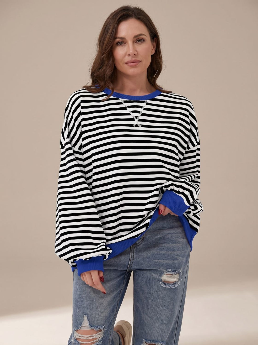 Dames Oversized Gestreept Sweatshirt met Retro Crewneck - Zwart