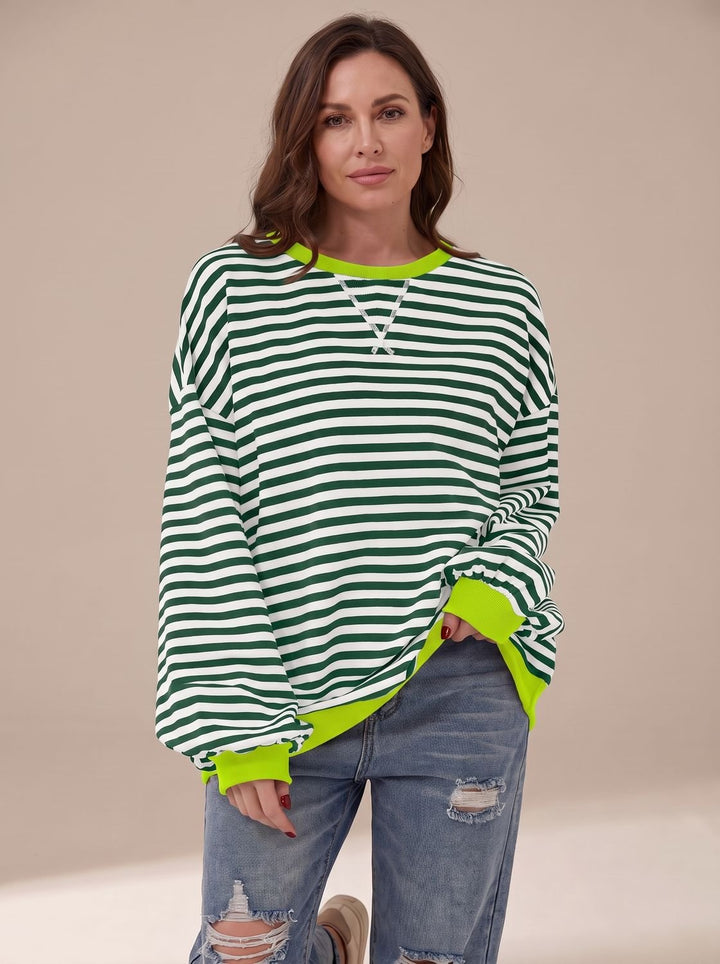 Dames Oversized Gestreept Sweatshirt met Retro Crewneck - Donkergroen