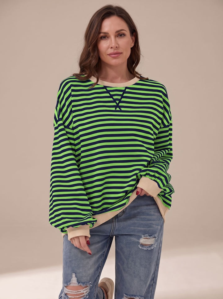 Dames Oversized Gestreept Sweatshirt met Retro Crewneck - Groen