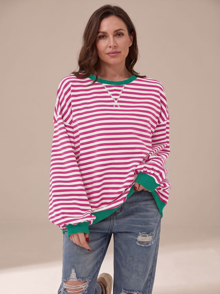 Dames Oversized Gestreept Sweatshirt met Retro Crewneck - Fuchsia