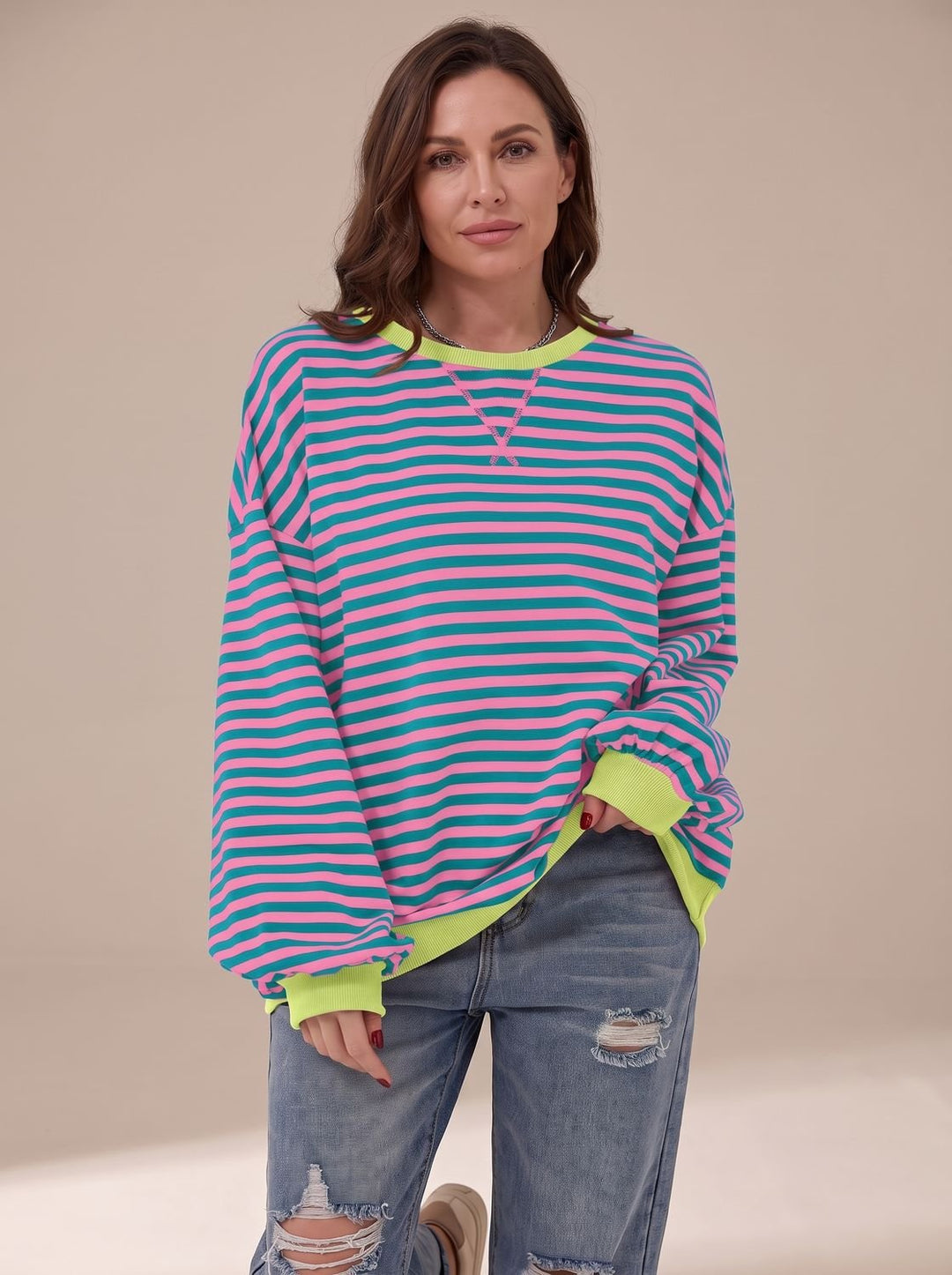 Dames Oversized Gestreept Sweatshirt met Retro Crewneck - Roze
