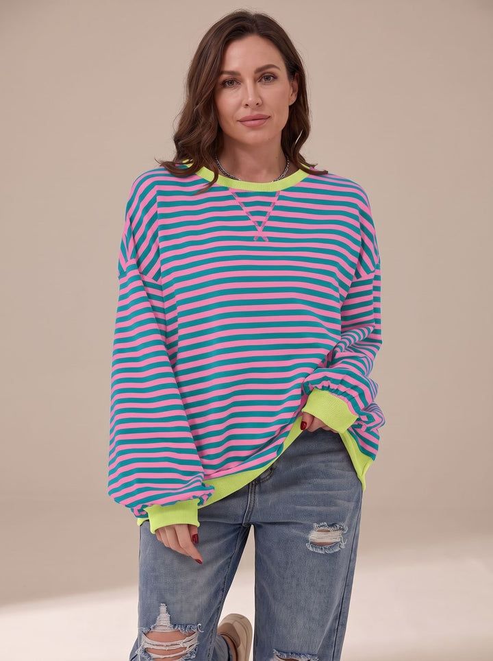 Dames Oversized Gestreept Sweatshirt met Retro Crewneck - Roze