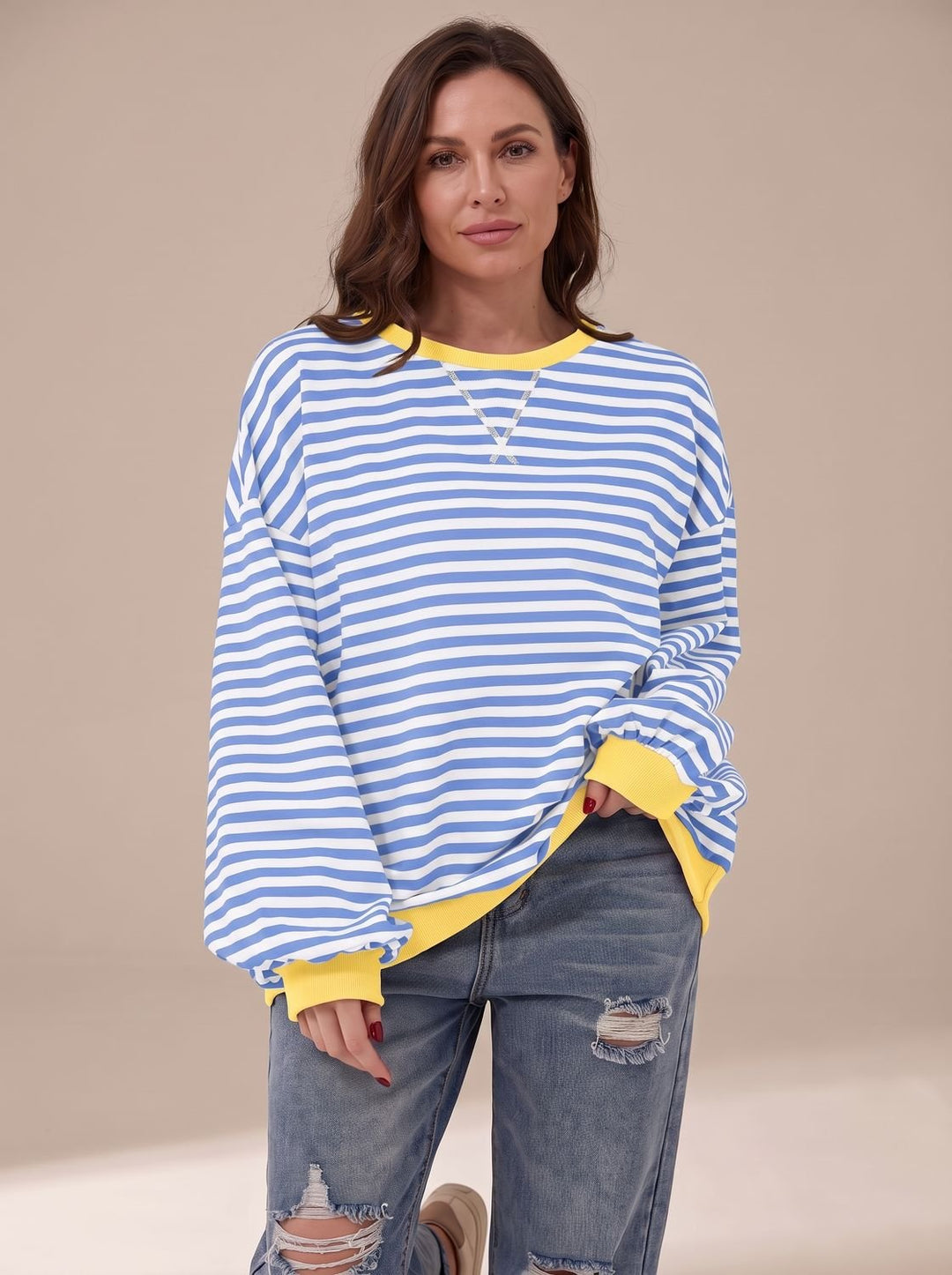 Dames Oversized Gestreept Sweatshirt met Retro Crewneck - Lichtblauw