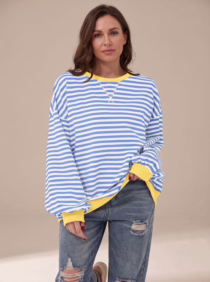 Dames Oversized Gestreept Sweatshirt met Retro Crewneck - Lichtblauw