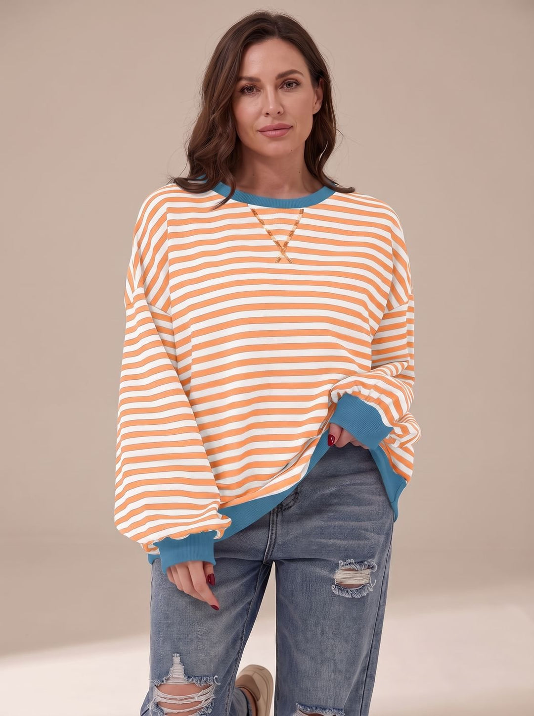 Dames Oversized Gestreept Sweatshirt met Retro Crewneck - Oranje