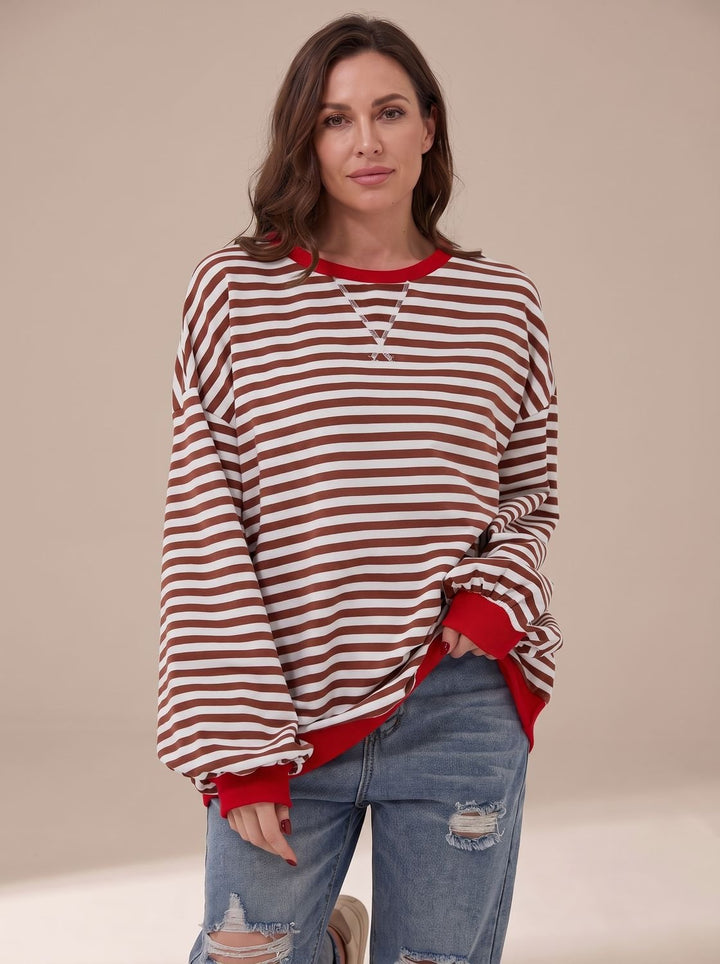 Dames Oversized Gestreept Sweatshirt met Retro Crewneck - Rood