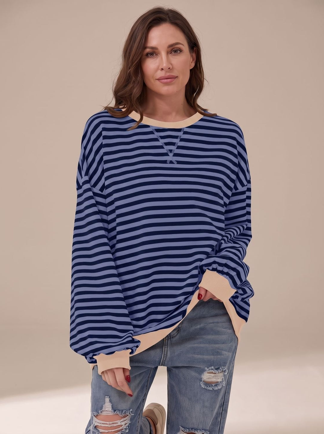 Dames Oversized Gestreept Sweatshirt met Retro Crewneck - Blauw