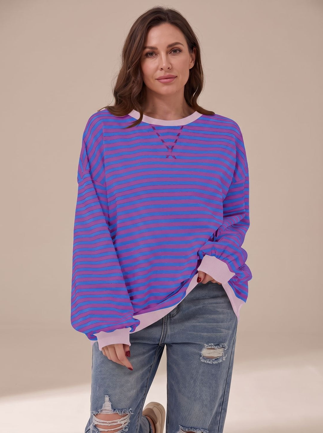 Dames Oversized Gestreept Sweatshirt met Retro Crewneck - Paars