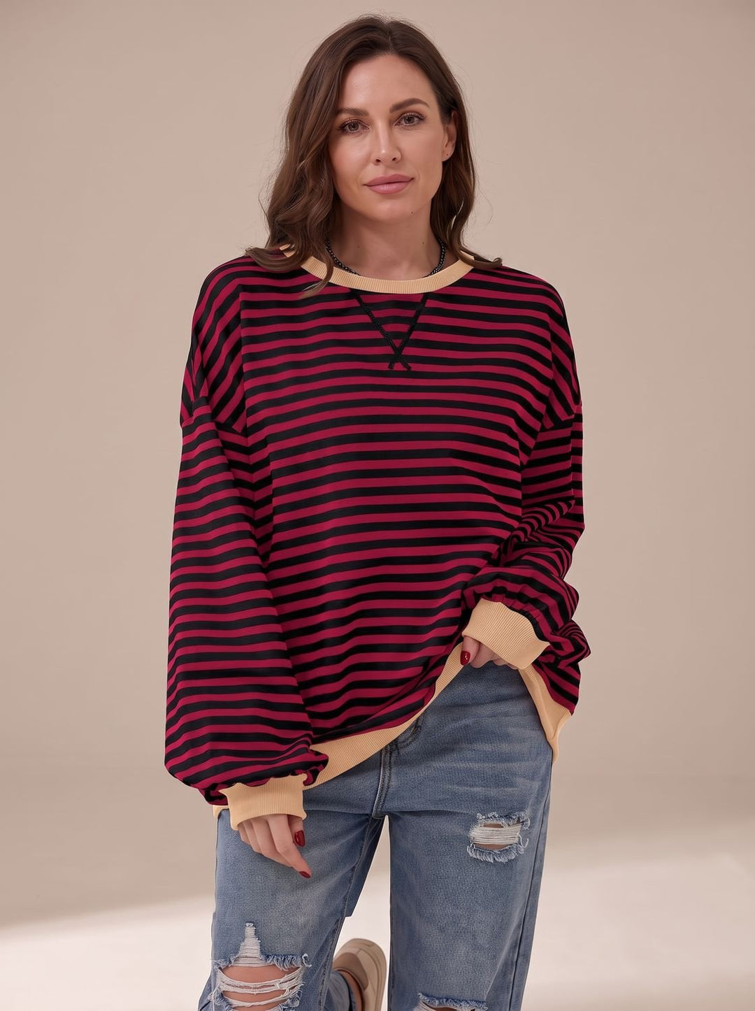 Dames Oversized Gestreept Sweatshirt met Retro Crewneck - Bordeaux