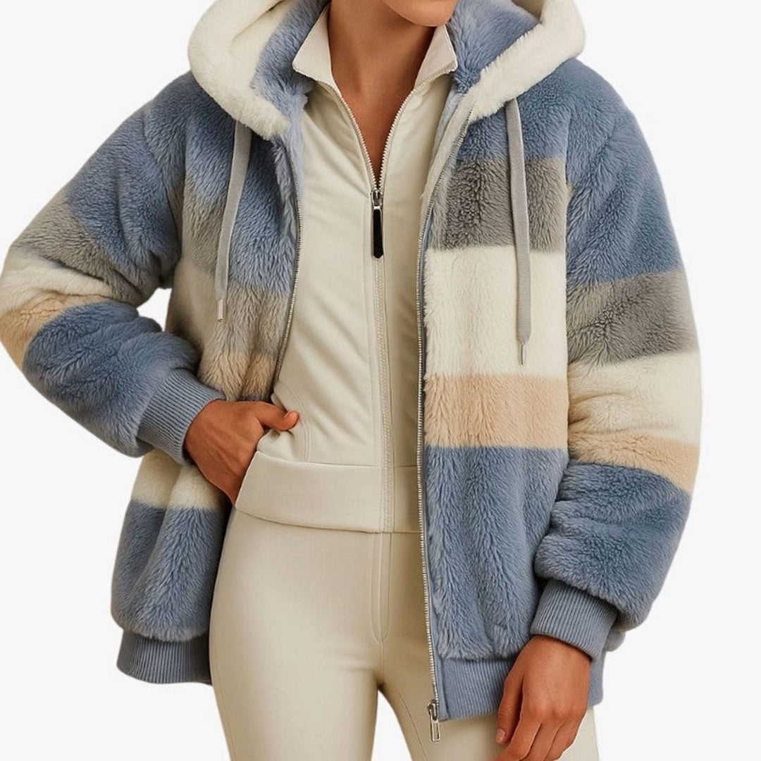 Dames Oversized Gestreepte Fleece Hoodie Jas met Rits - Blauw