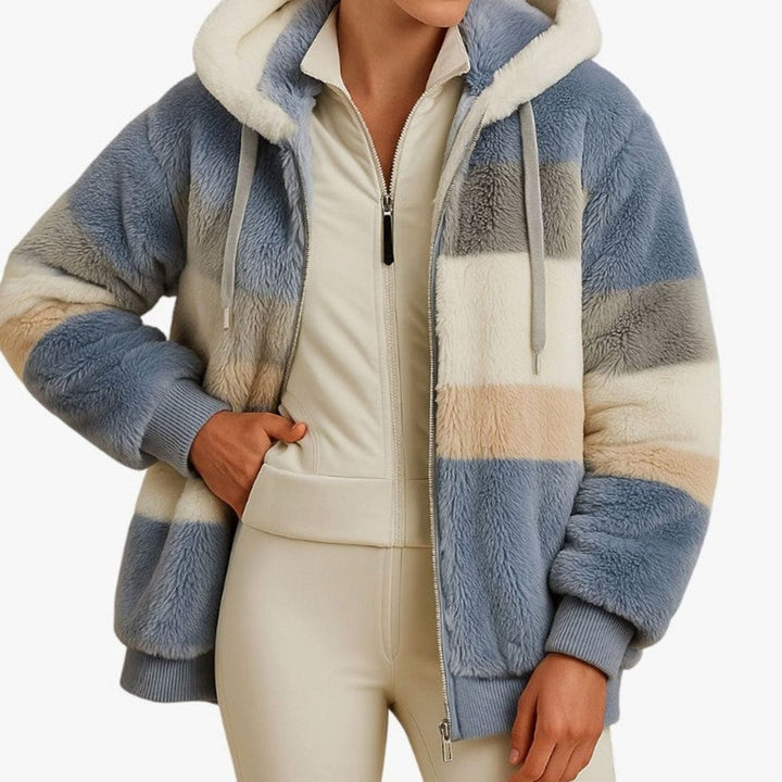 Dames Oversized Gestreepte Fleece Hoodie Jas met Rits - Blauw