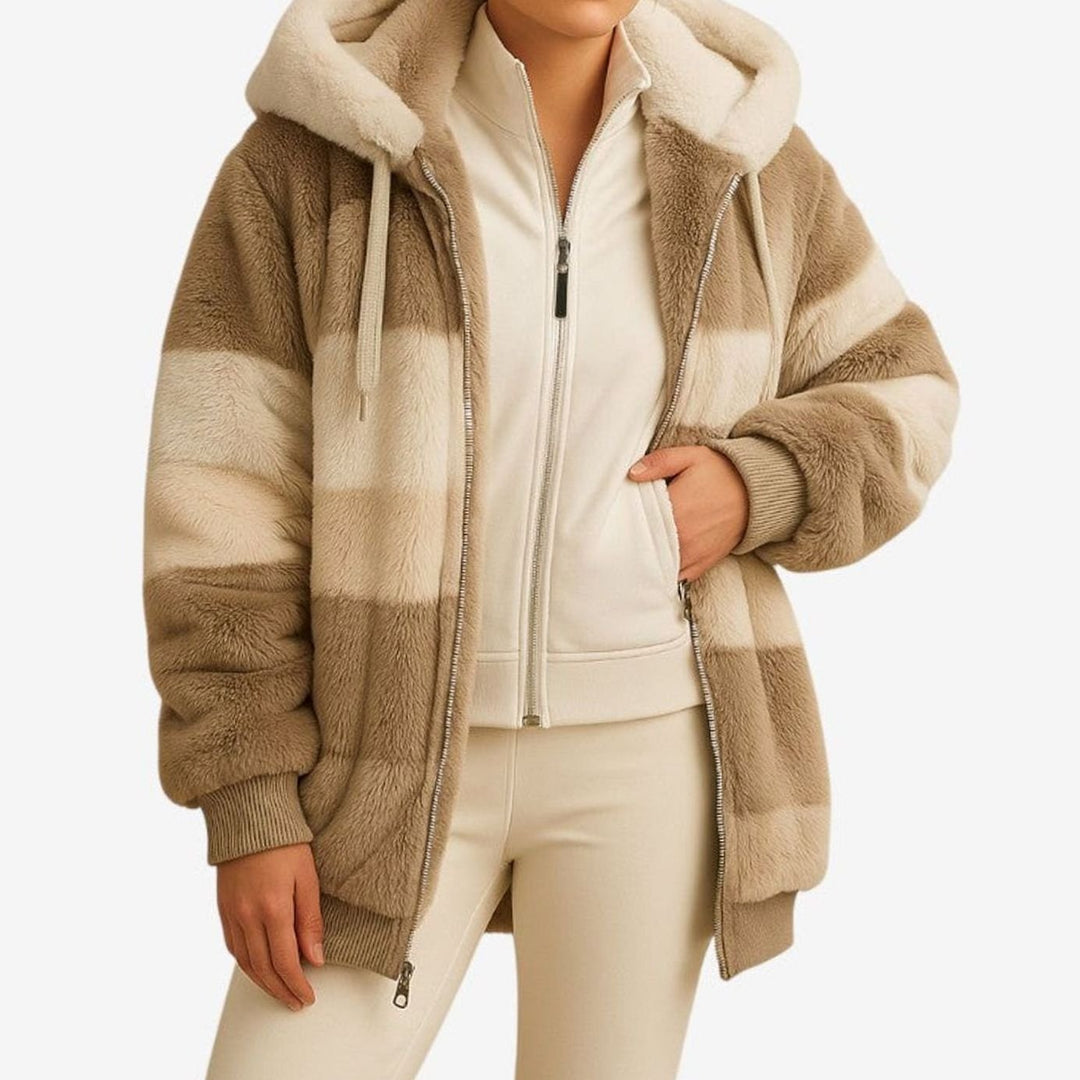 Dames Oversized Gestreepte Fleece Hoodie Jas met Rits - Bruin