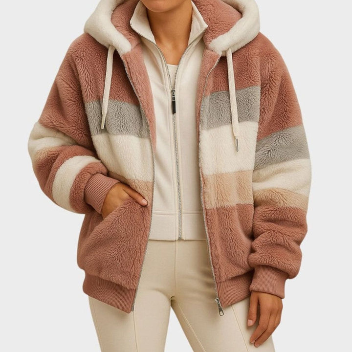 Dames Oversized Gestreepte Fleece Hoodie Jas met Rits - Roze