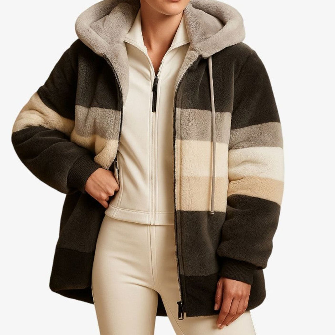 Dames Oversized Gestreepte Fleece Hoodie Jas met Rits - Zwart