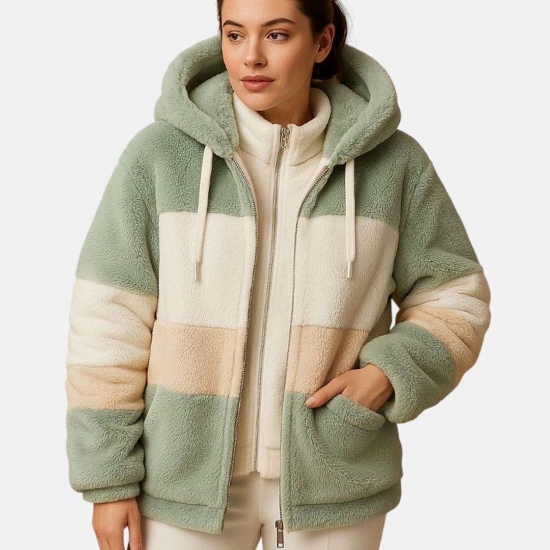 Dames Oversized Gestreepte Fleece Hoodie Jas met Rits - Groen