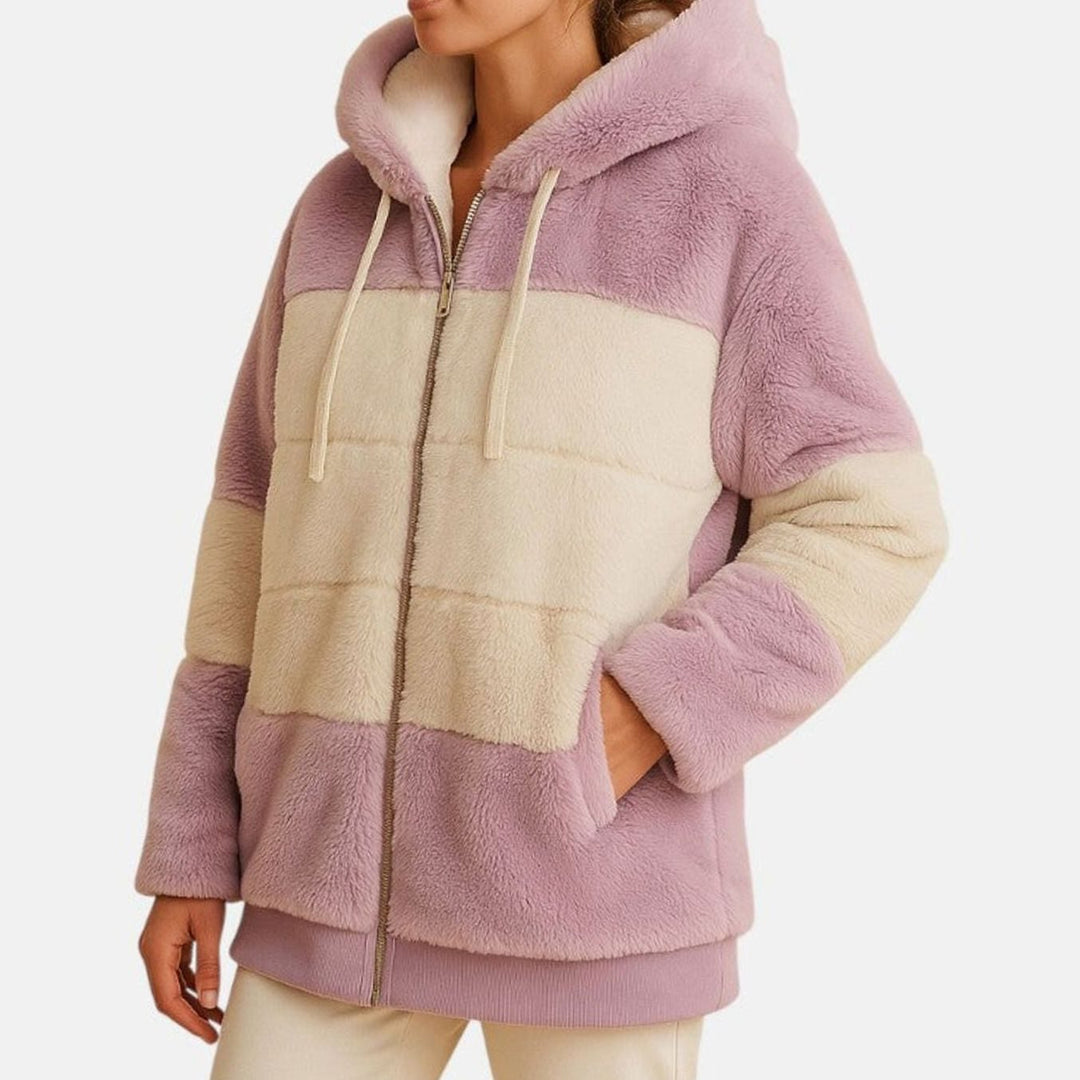 Dames Oversized Gestreepte Fleece Hoodie Jas met Rits - Paars
