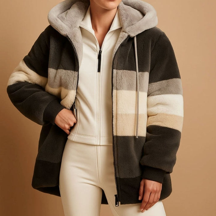 Dames Oversized Gestreepte Fleece Hoodie Jas met Rits