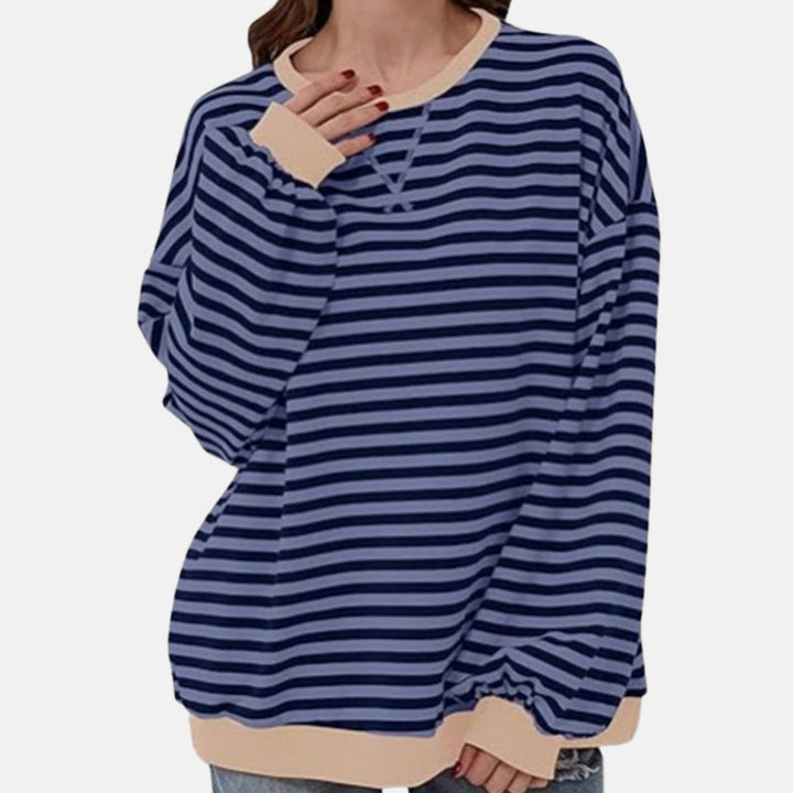 Dames Oversized Gestreepte Gebreide Trui Ronde Hals Lange Mouwen - Donkerblauw