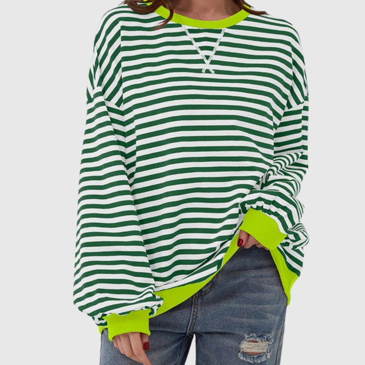 Dames Oversized Gestreepte Gebreide Trui Ronde Hals Lange Mouwen - Groen