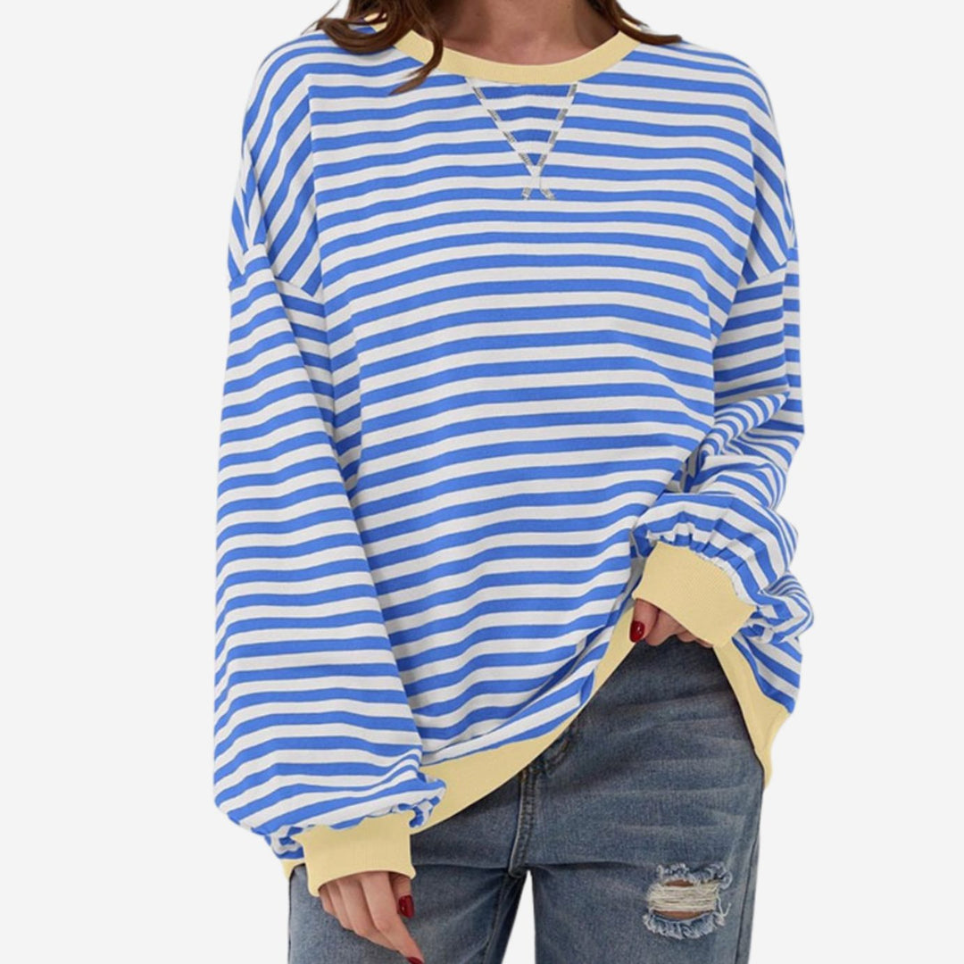 Dames Oversized Gestreepte Gebreide Trui Ronde Hals Lange Mouwen - Lichtblauw